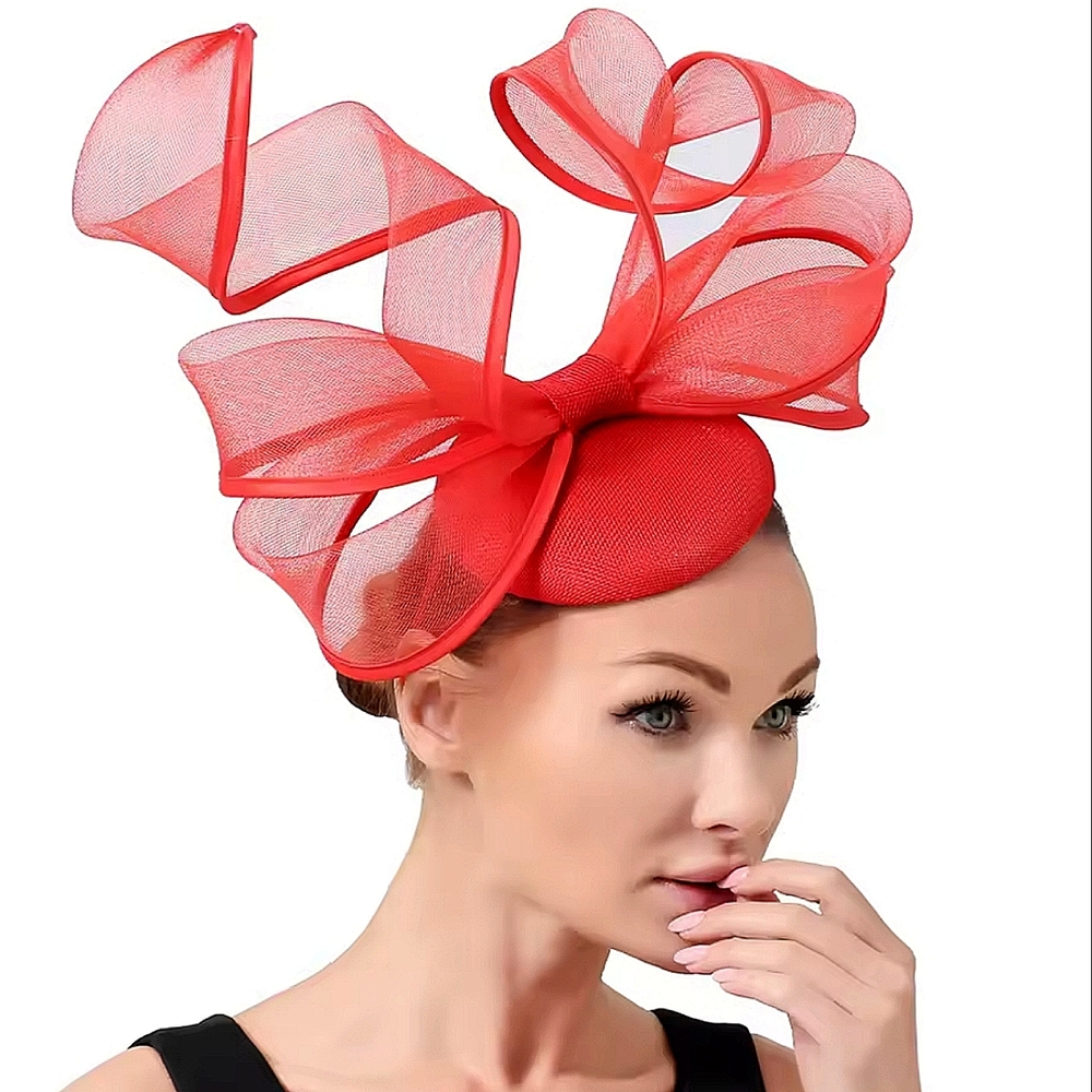 Pretty Fascinator Red Tulle Ribbon Sculpted Derby Races Tea Beloved Millinery